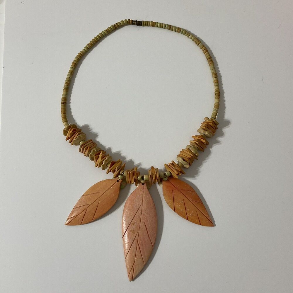 Carved Wooden Leaves Necklace Orange Beaded Bib Bohemian 1980s Vintage Autumn